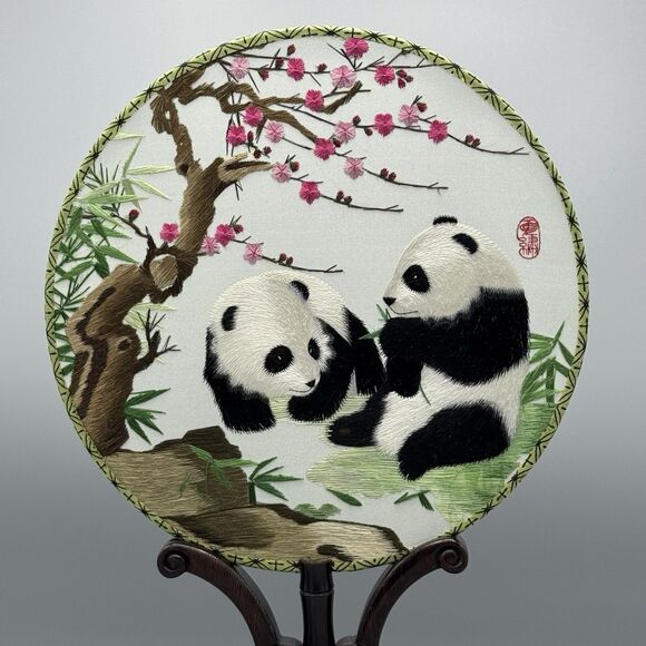 Vtg Chinese Silk Shu Embroidery Wood Lacquer Stand Dbl Sided Pandas Cherry Tree - Picture 2 of 13